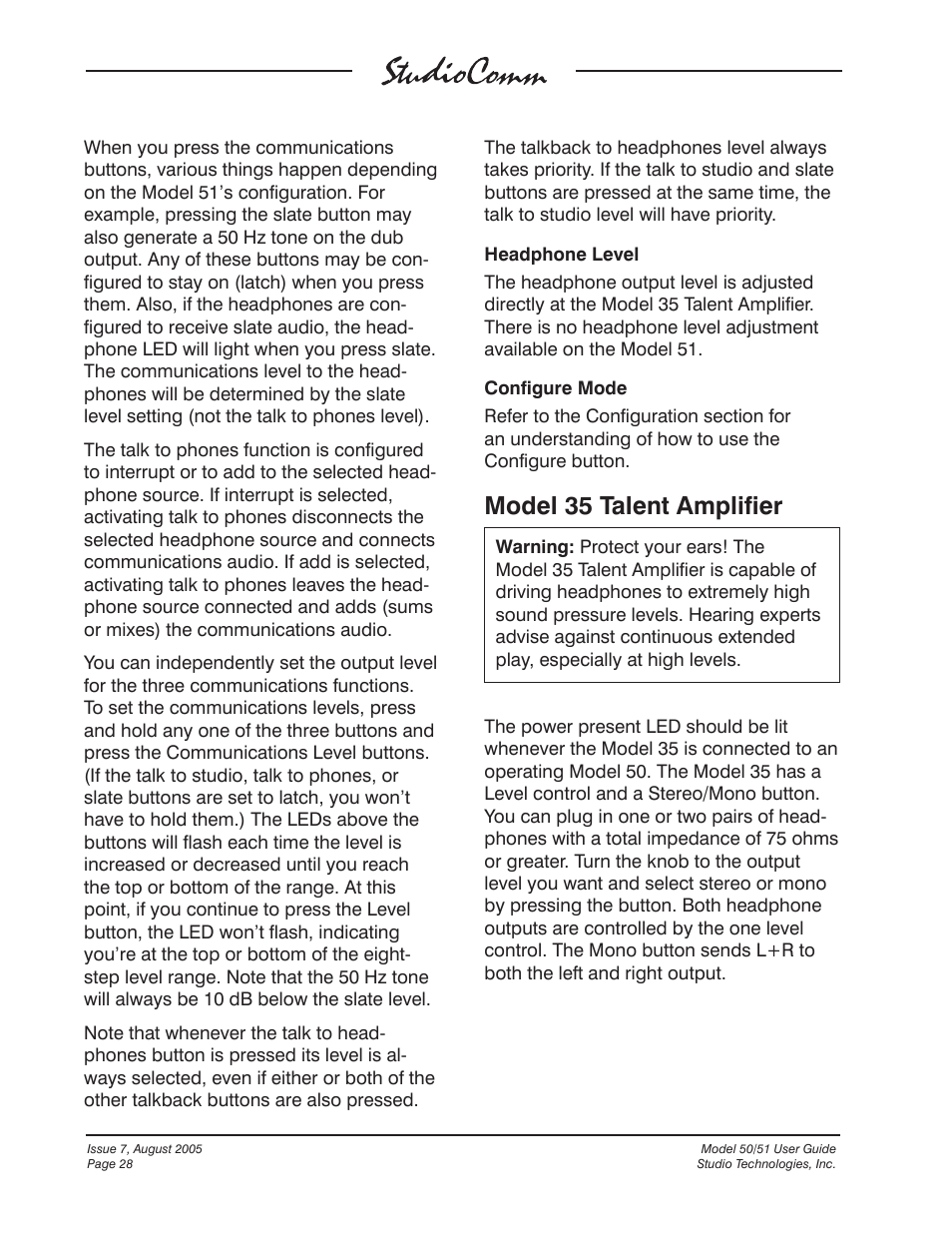 Model 35 talent amplifier | Studio Technologies 50 2005 User Manual | Page 28 / 47