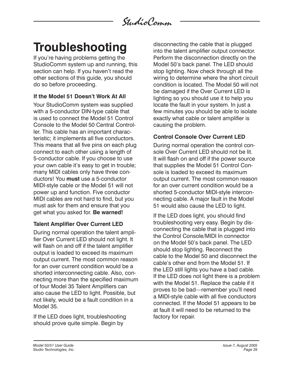 Troubleshooting | Studio Technologies 50 2005 User Manual | Page 29 / 47