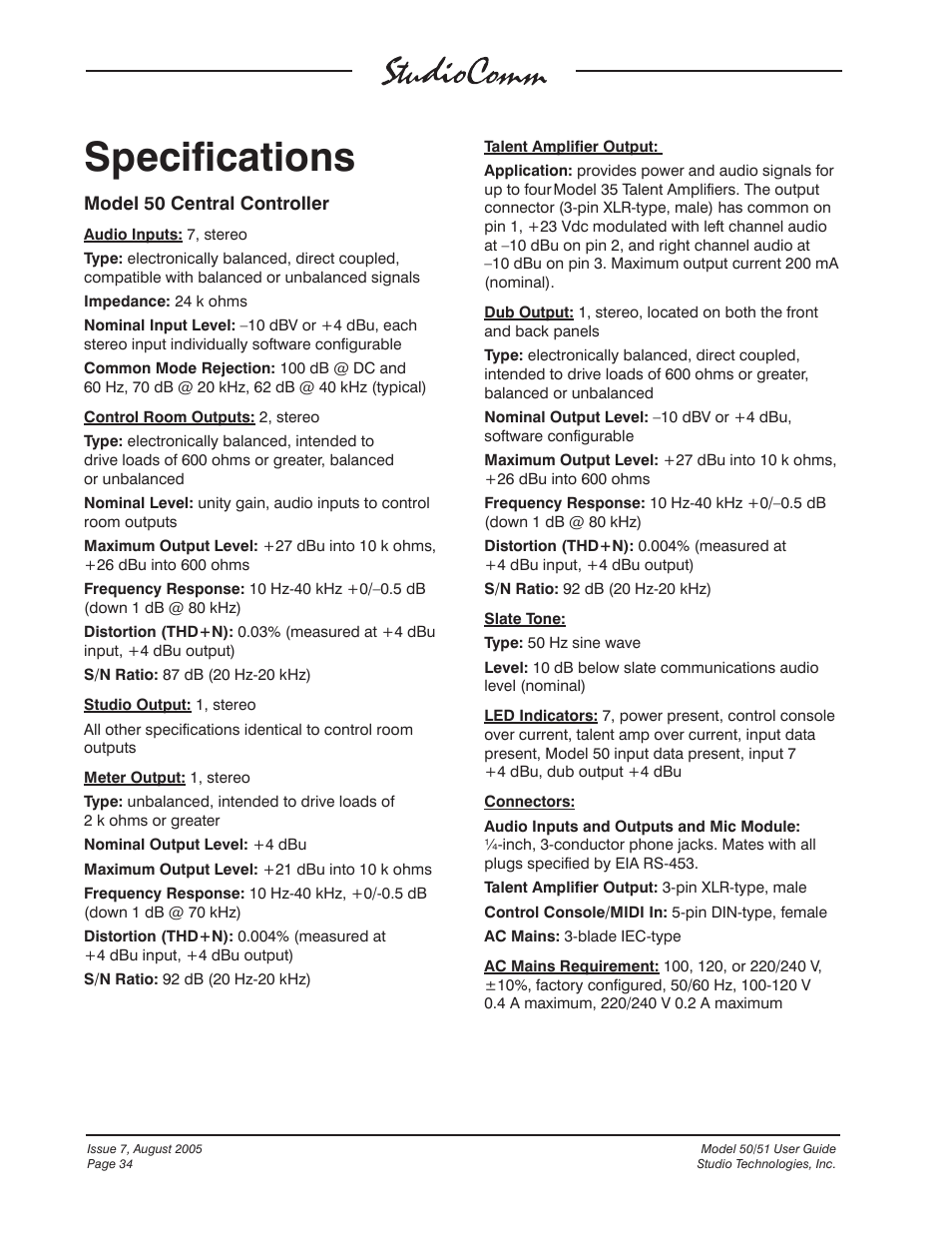Specifications | Studio Technologies 50 2005 User Manual | Page 34 / 47