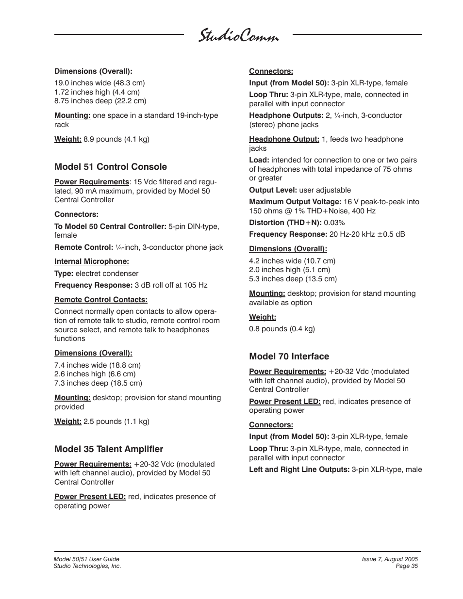 Model 51 control console, Model 35 talent amplifier, Model 70 interface | Studio Technologies 50 2005 User Manual | Page 35 / 47