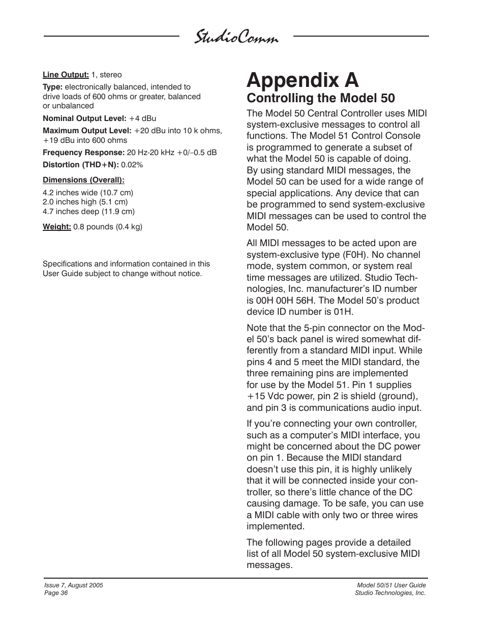 Appendix a, Controlling the model 50 | Studio Technologies 50 2005 User Manual | Page 36 / 47