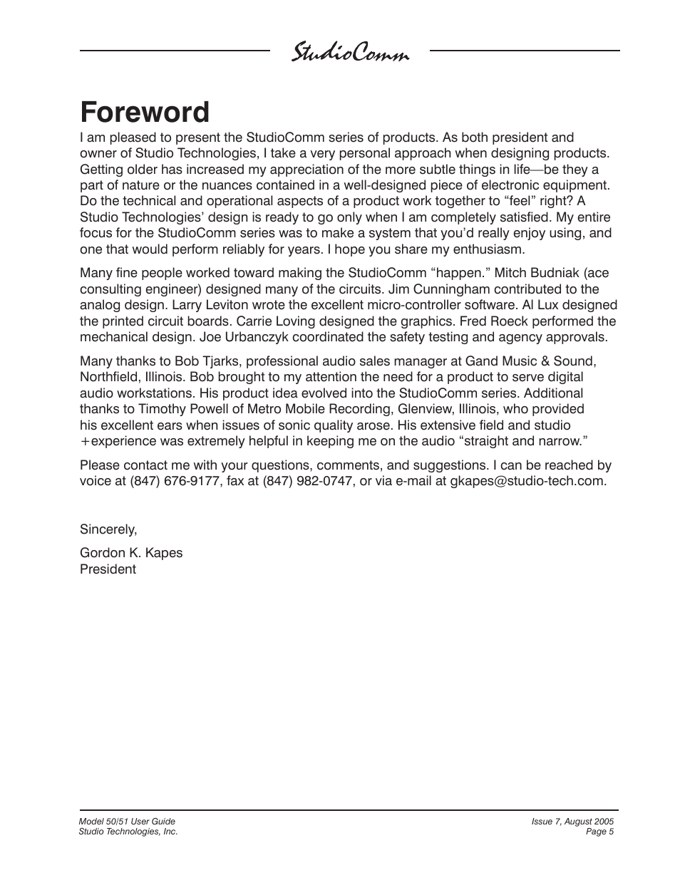 Foreword | Studio Technologies 50 2005 User Manual | Page 5 / 47