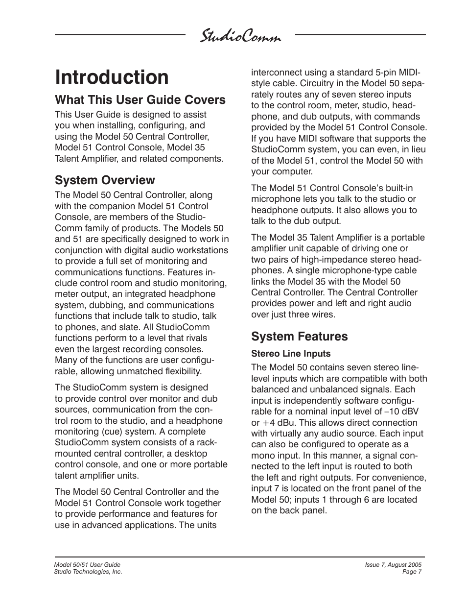 Introduction, What this user guide covers, System overview | System features | Studio Technologies 50 2005 User Manual | Page 7 / 47
