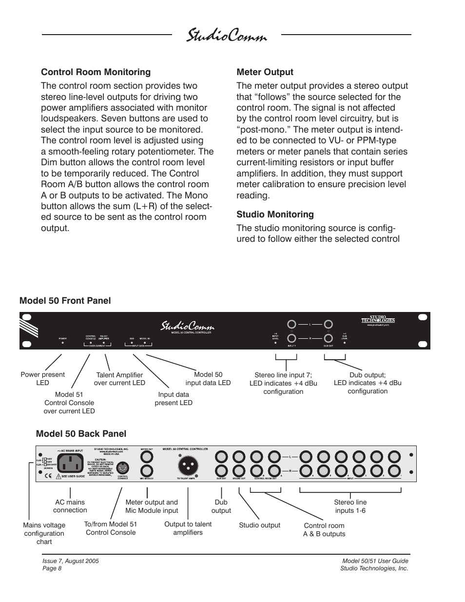 Model 50 back panel model 50 front panel | Studio Technologies 50 2005 User Manual | Page 8 / 47