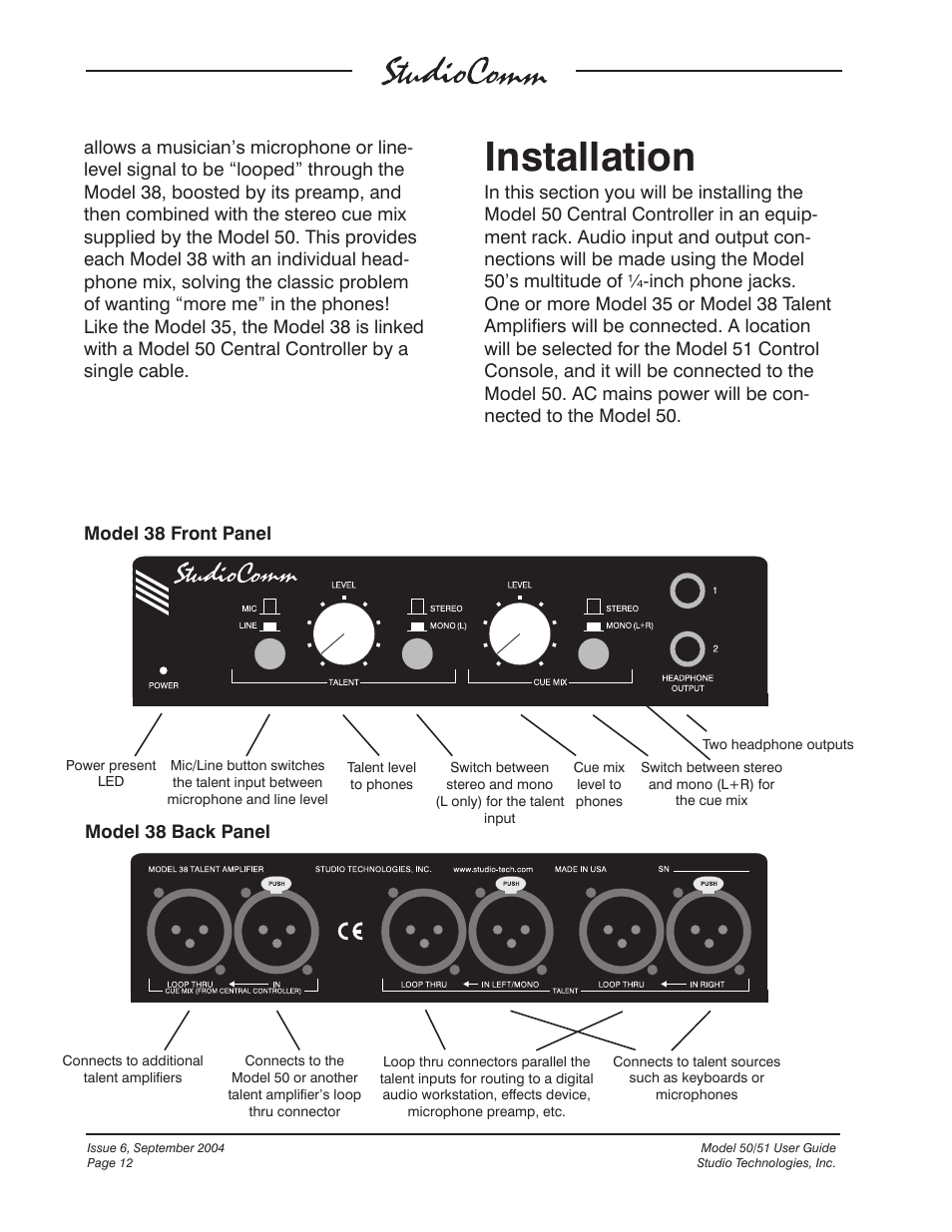 Installation | Studio Technologies 50 2004 User Manual | Page 12 / 51