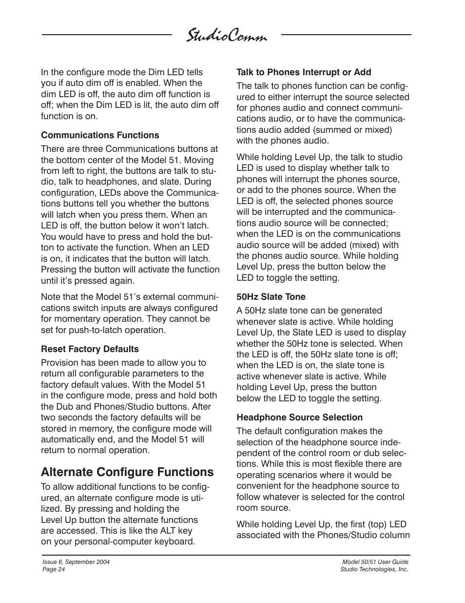 Alternate configure functions | Studio Technologies 50 2004 User Manual | Page 24 / 51