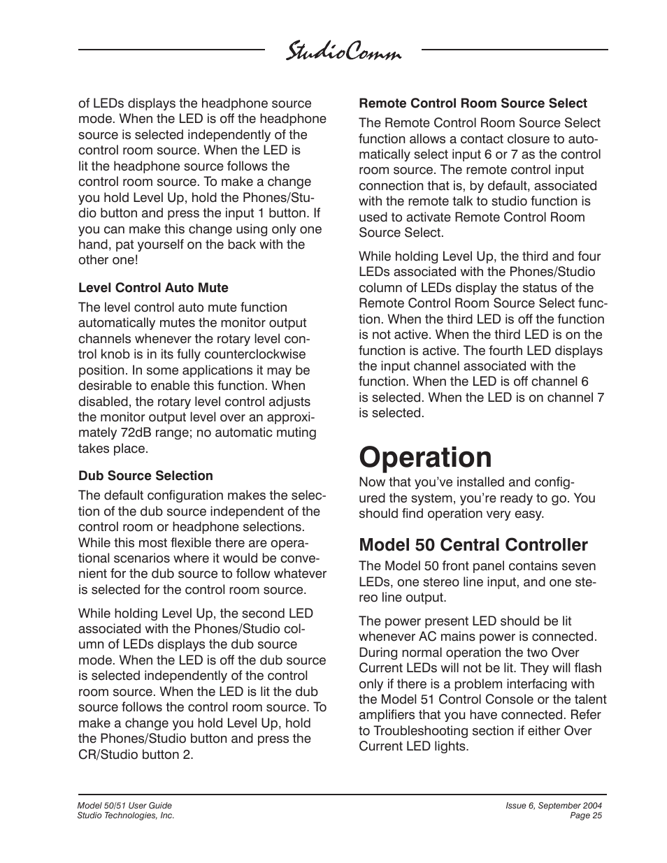 Operation, Model 50 central controller | Studio Technologies 50 2004 User Manual | Page 25 / 51