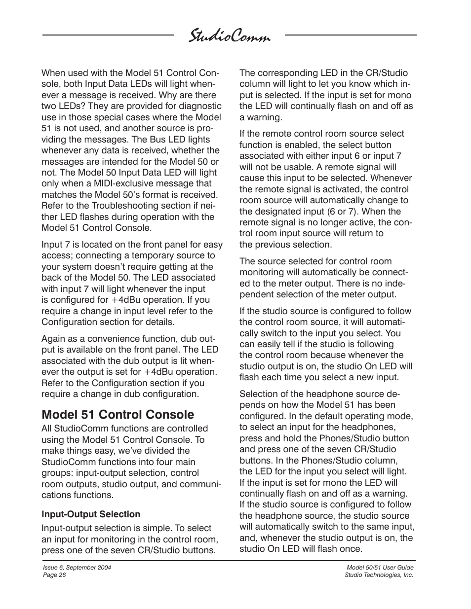 Model 51 control console | Studio Technologies 50 2004 User Manual | Page 26 / 51