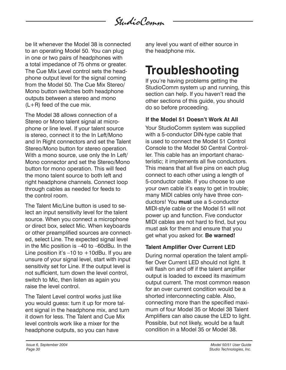 Troubleshooting | Studio Technologies 50 2004 User Manual | Page 30 / 51