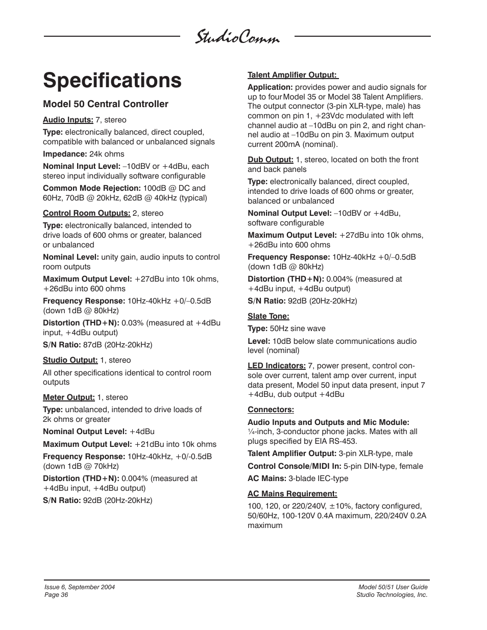 Specifications | Studio Technologies 50 2004 User Manual | Page 36 / 51