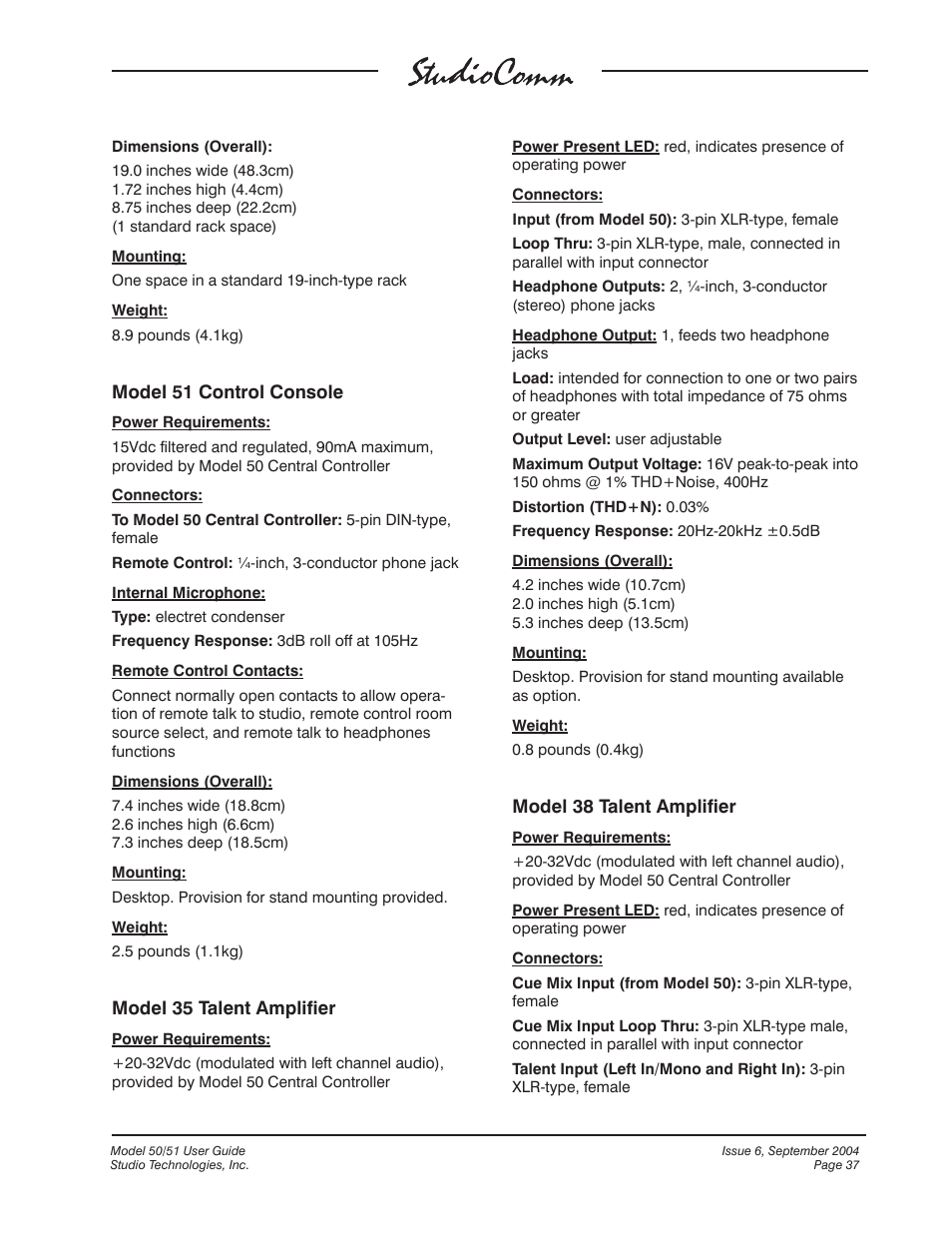 Model 51 control console, Model 35 talent amplifier, Model 38 talent amplifier | Studio Technologies 50 2004 User Manual | Page 37 / 51