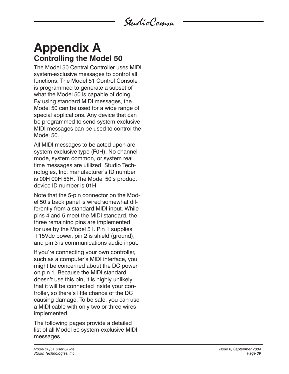 Appendix a, Controlling the model 50 | Studio Technologies 50 2004 User Manual | Page 39 / 51