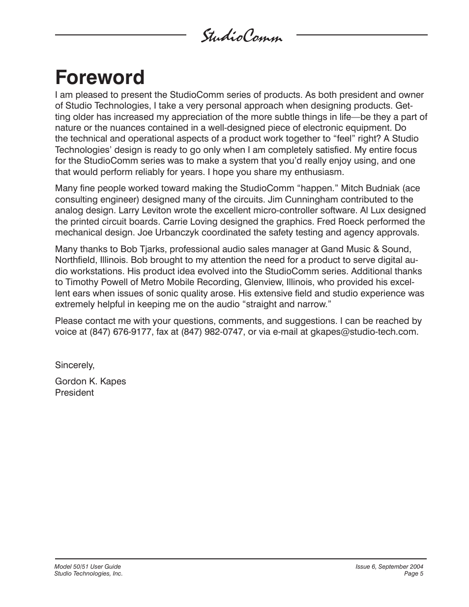 Foreword | Studio Technologies 50 2004 User Manual | Page 5 / 51