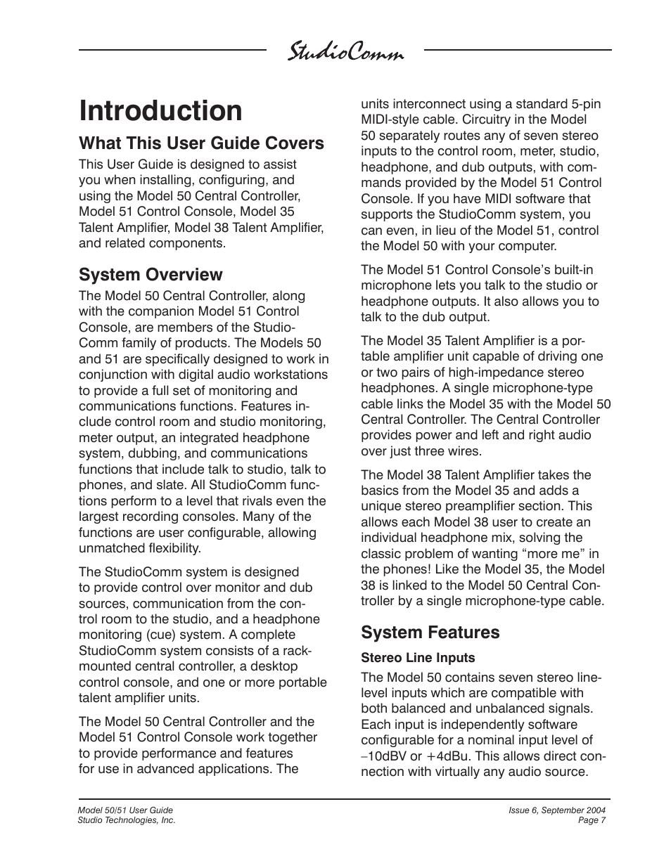 Introduction, What this user guide covers, System overview | System features | Studio Technologies 50 2004 User Manual | Page 7 / 51