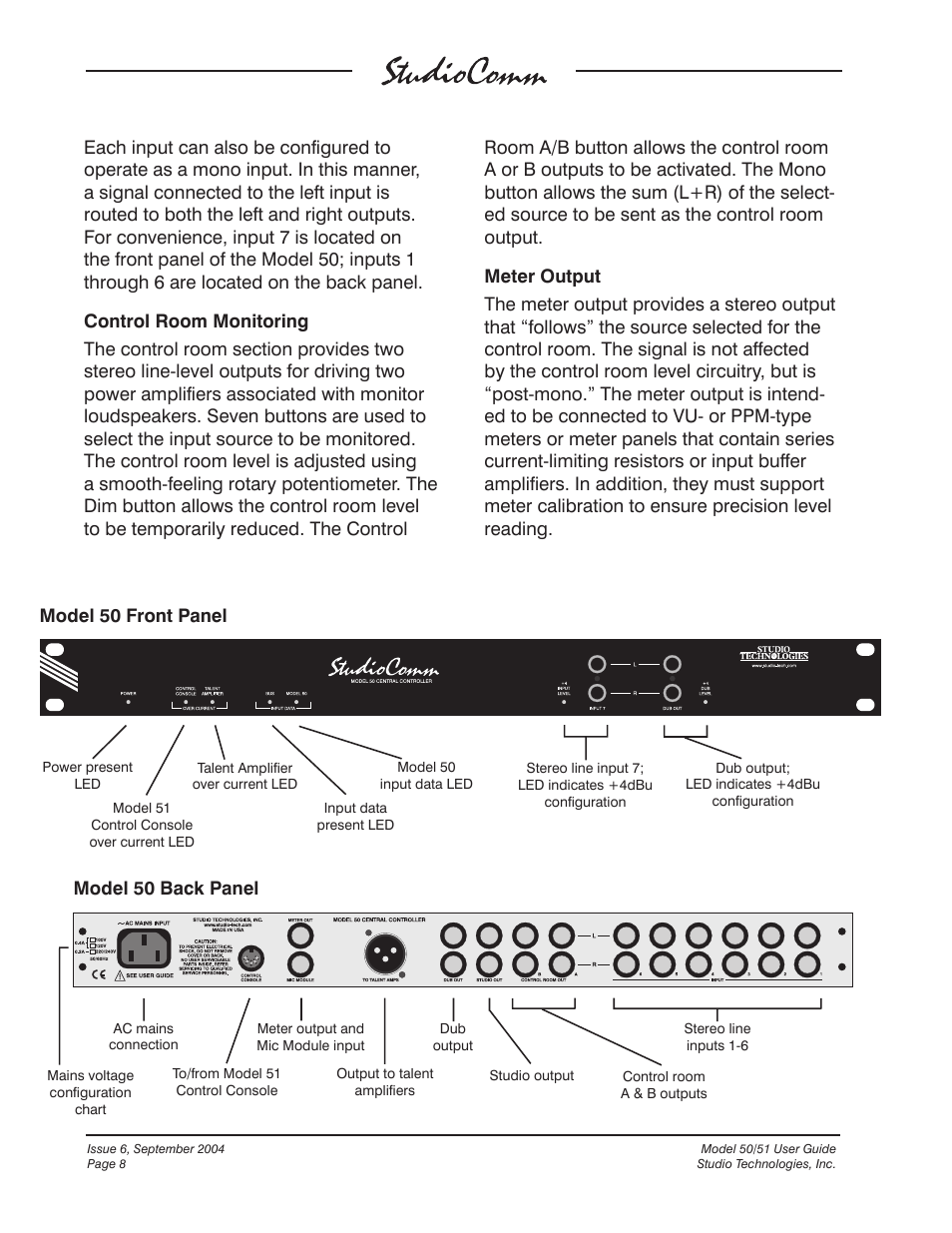Model 50 back panel model 50 front panel | Studio Technologies 50 2004 User Manual | Page 8 / 51
