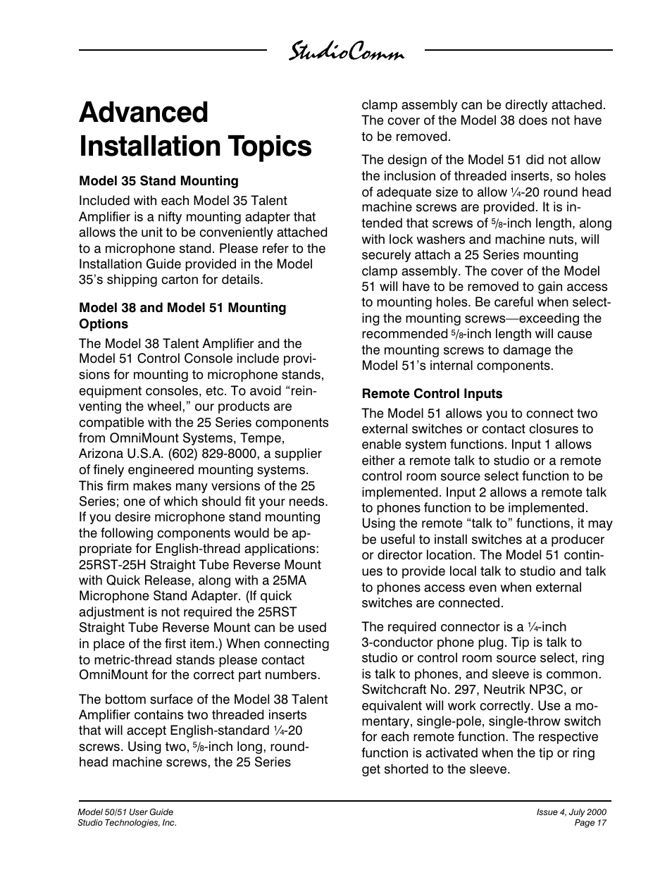 Advanced installation topics | Studio Technologies 50 2000 User Manual | Page 17 / 53