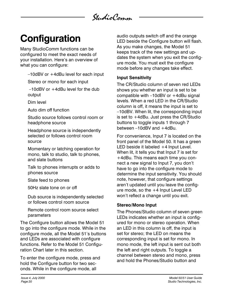 Configuration | Studio Technologies 50 2000 User Manual | Page 20 / 53
