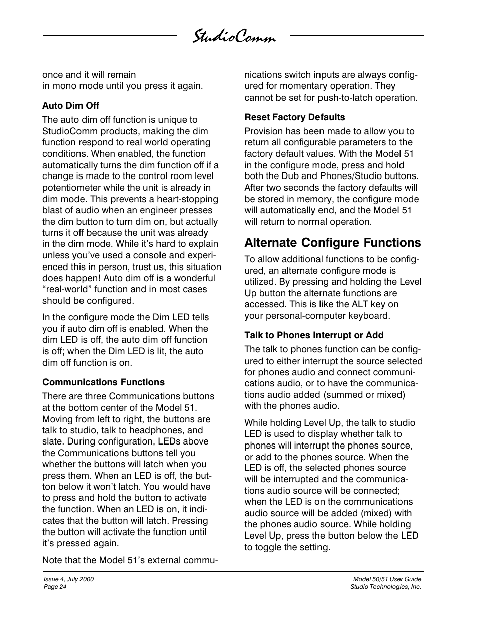 Alternate configure functions | Studio Technologies 50 2000 User Manual | Page 24 / 53