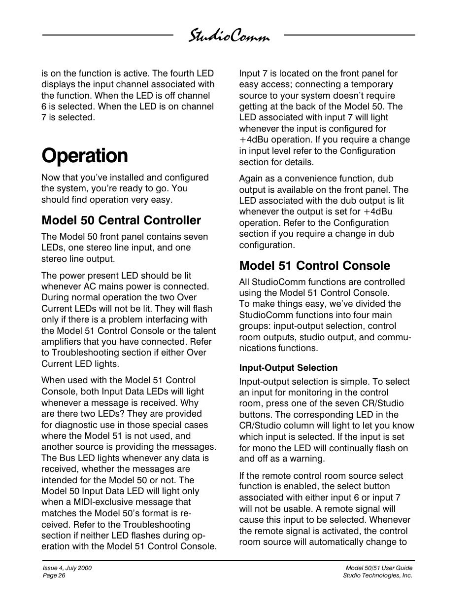 Operation, Model 50 central controller, Model 51 control console | Studio Technologies 50 2000 User Manual | Page 26 / 53