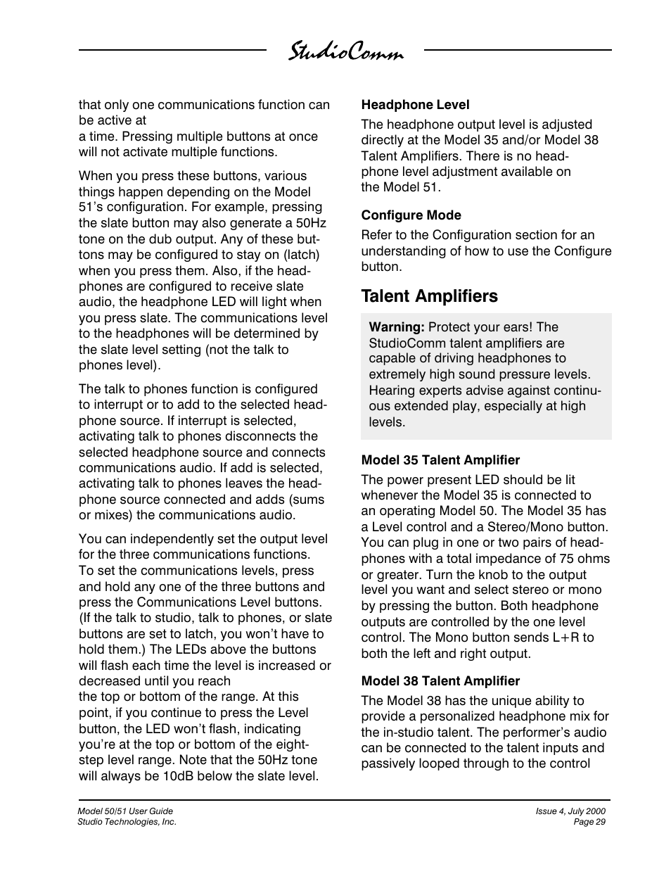 Talent amplifiers | Studio Technologies 50 2000 User Manual | Page 29 / 53