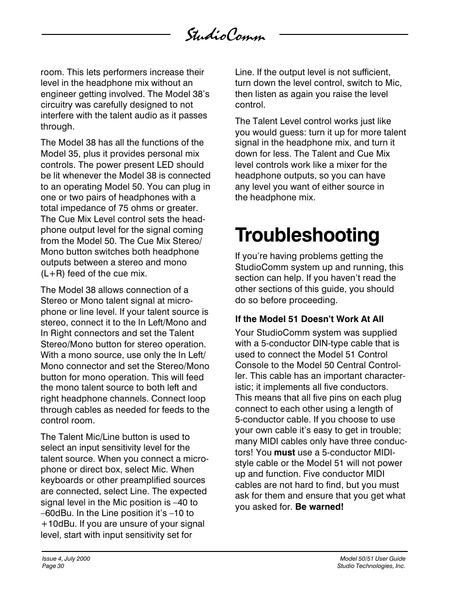 Troubleshooting | Studio Technologies 50 2000 User Manual | Page 30 / 53