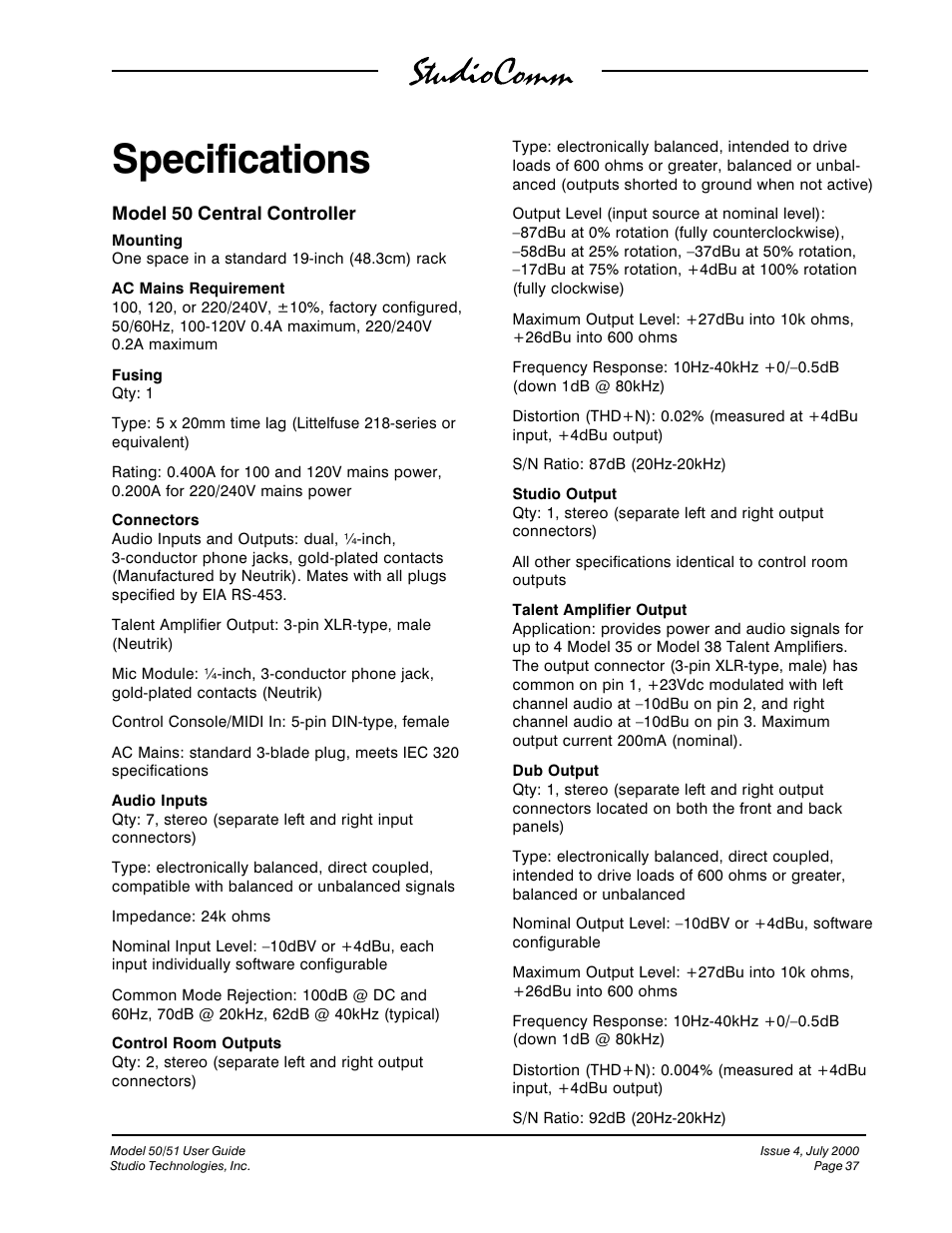 Specifications | Studio Technologies 50 2000 User Manual | Page 37 / 53