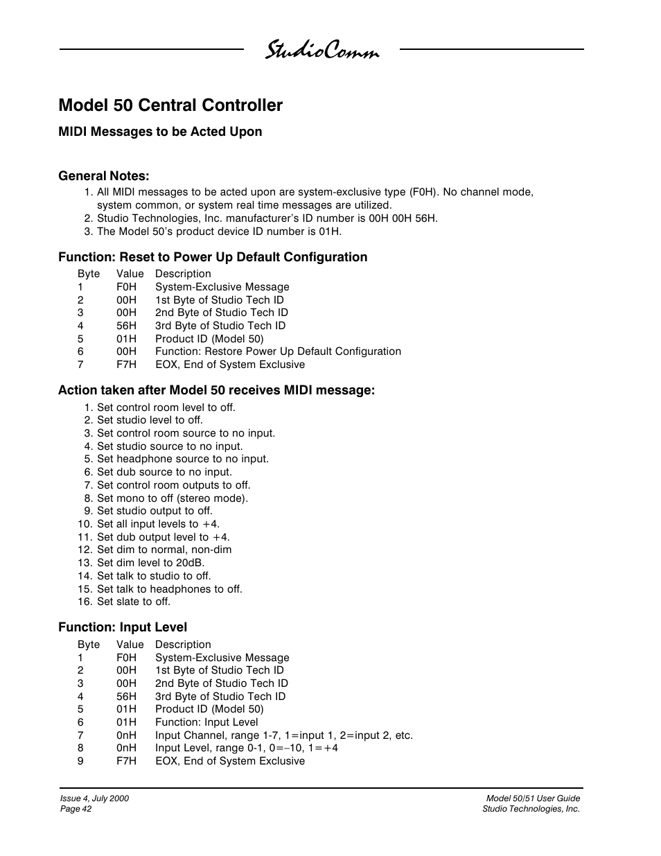 Model 50 central controller | Studio Technologies 50 2000 User Manual | Page 42 / 53