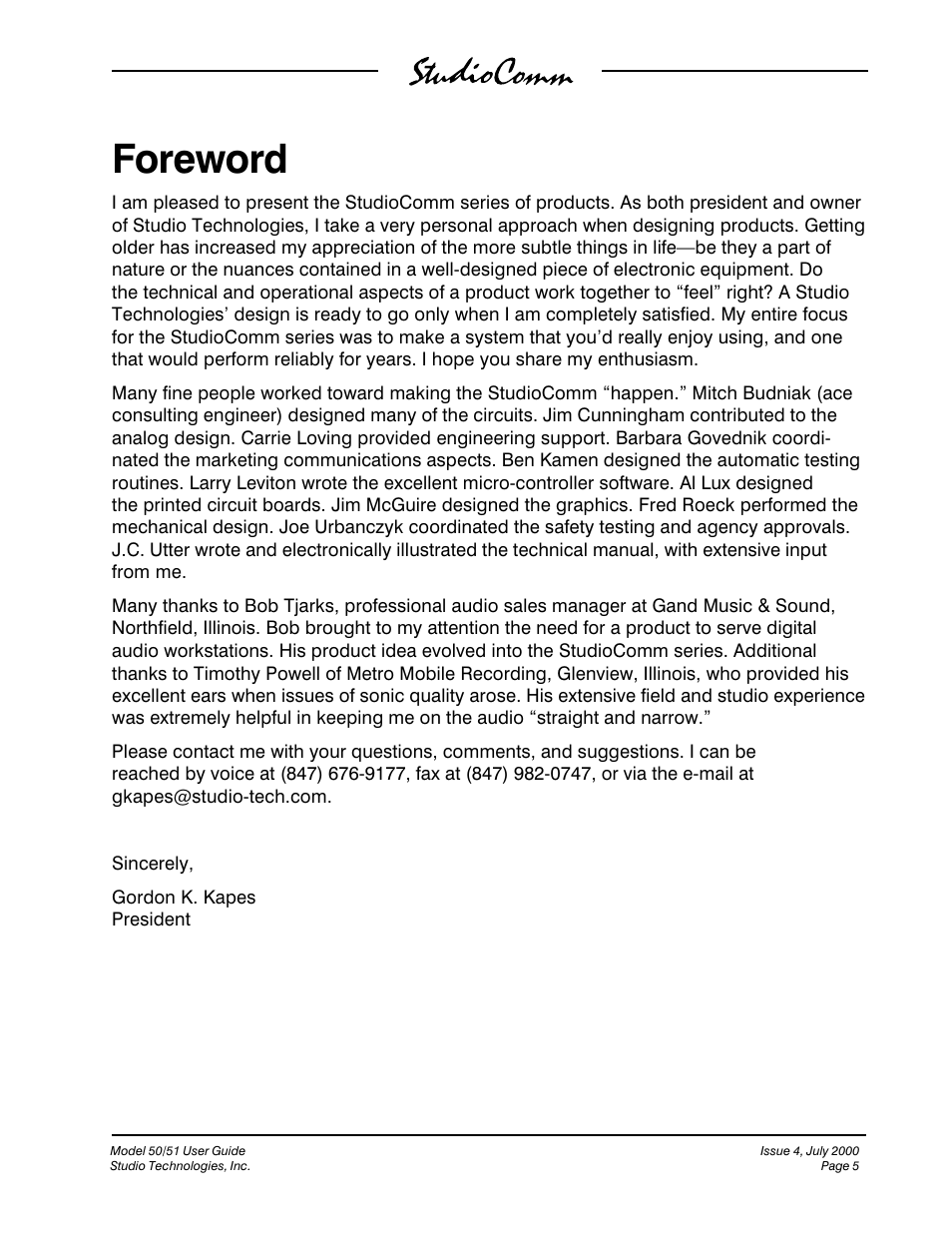 Foreword | Studio Technologies 50 2000 User Manual | Page 5 / 53