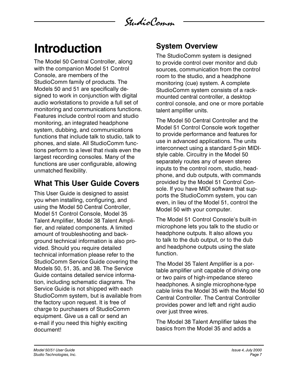 Introduction, What this user guide covers, System overview | Studio Technologies 50 2000 User Manual | Page 7 / 53
