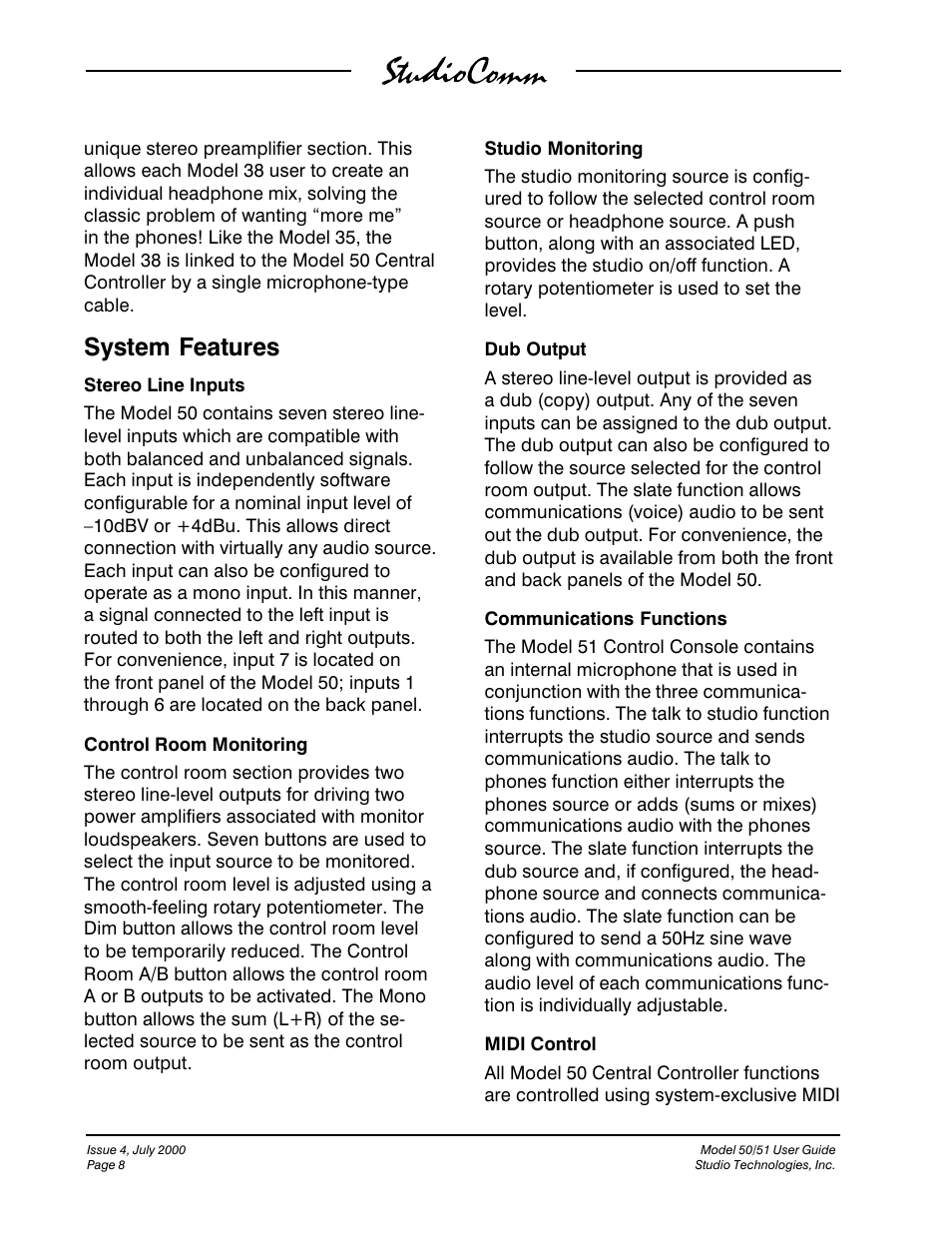 System features | Studio Technologies 50 2000 User Manual | Page 8 / 53