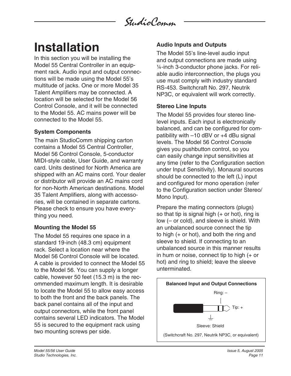 Installation | Studio Technologies 55 2005 User Manual | Page 11 / 41