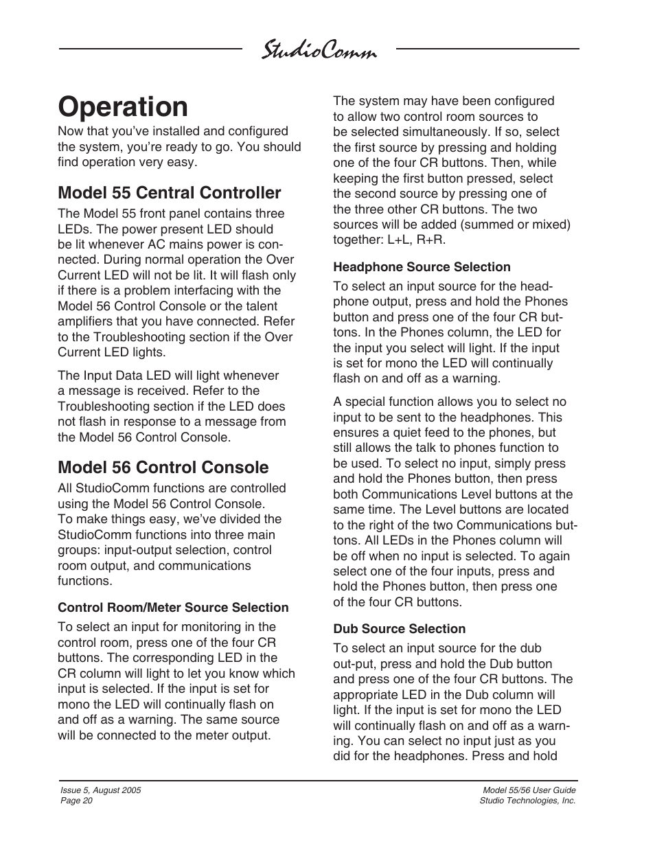 Operation, Model 55 central controller, Model 56 control console | Studio Technologies 55 2005 User Manual | Page 20 / 41
