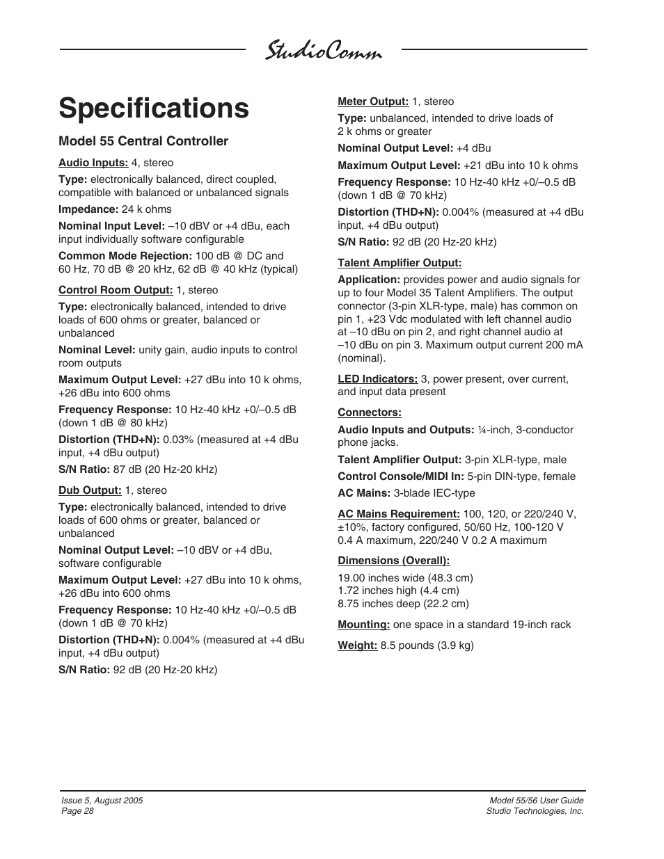 Specifi cations | Studio Technologies 55 2005 User Manual | Page 28 / 41