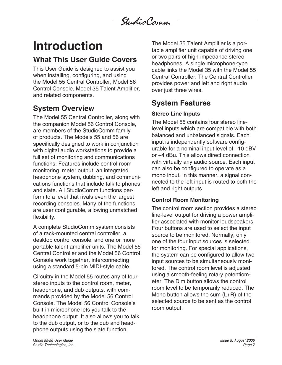 Introduction, What this user guide covers, System overview | System features | Studio Technologies 55 2005 User Manual | Page 7 / 41