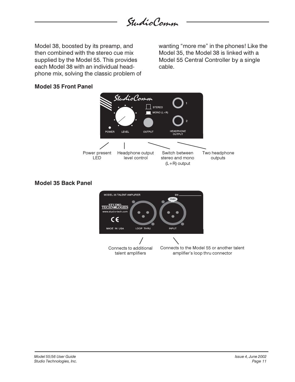 Model 35 back panel model 35 front panel | Studio Technologies 55 2002 User Manual | Page 11 / 45