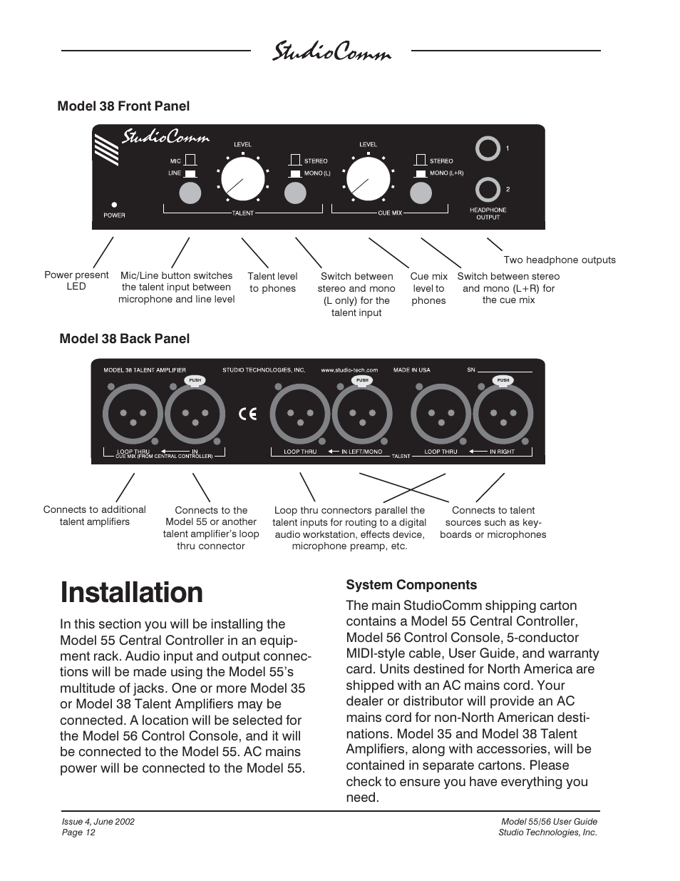 Installation | Studio Technologies 55 2002 User Manual | Page 12 / 45