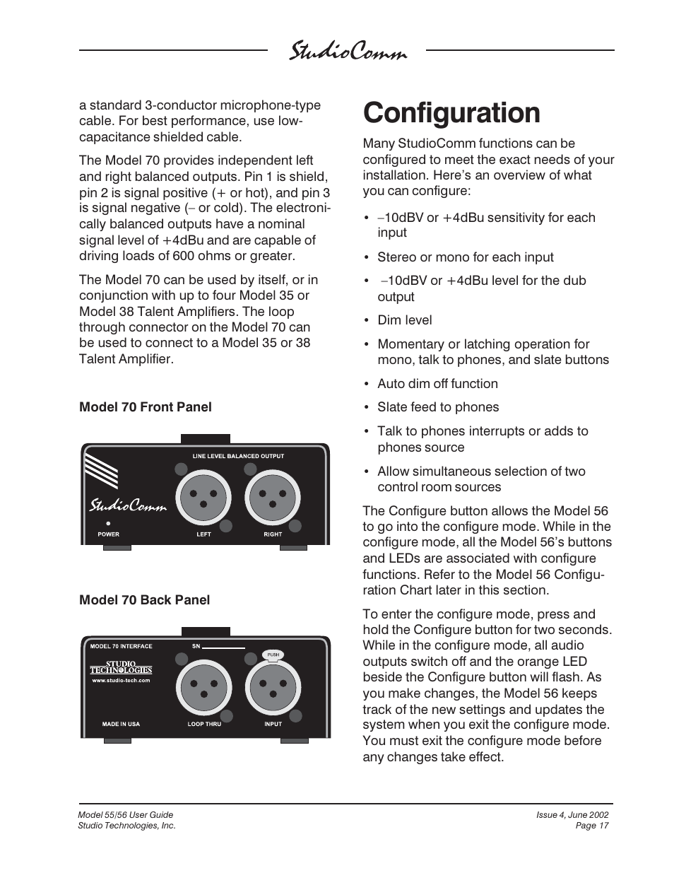 Configuration | Studio Technologies 55 2002 User Manual | Page 17 / 45