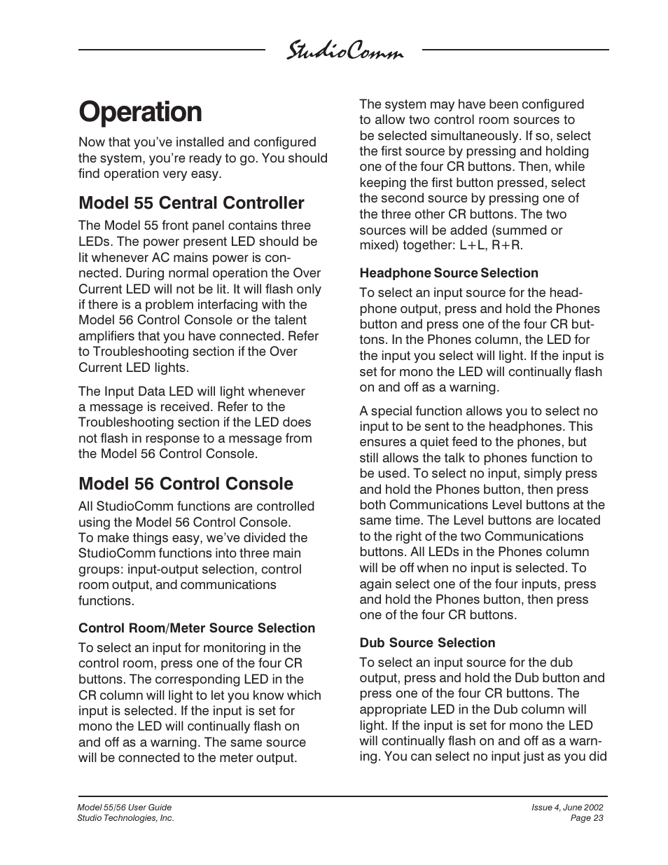 Operation, Model 55 central controller, Model 56 control console | Studio Technologies 55 2002 User Manual | Page 23 / 45