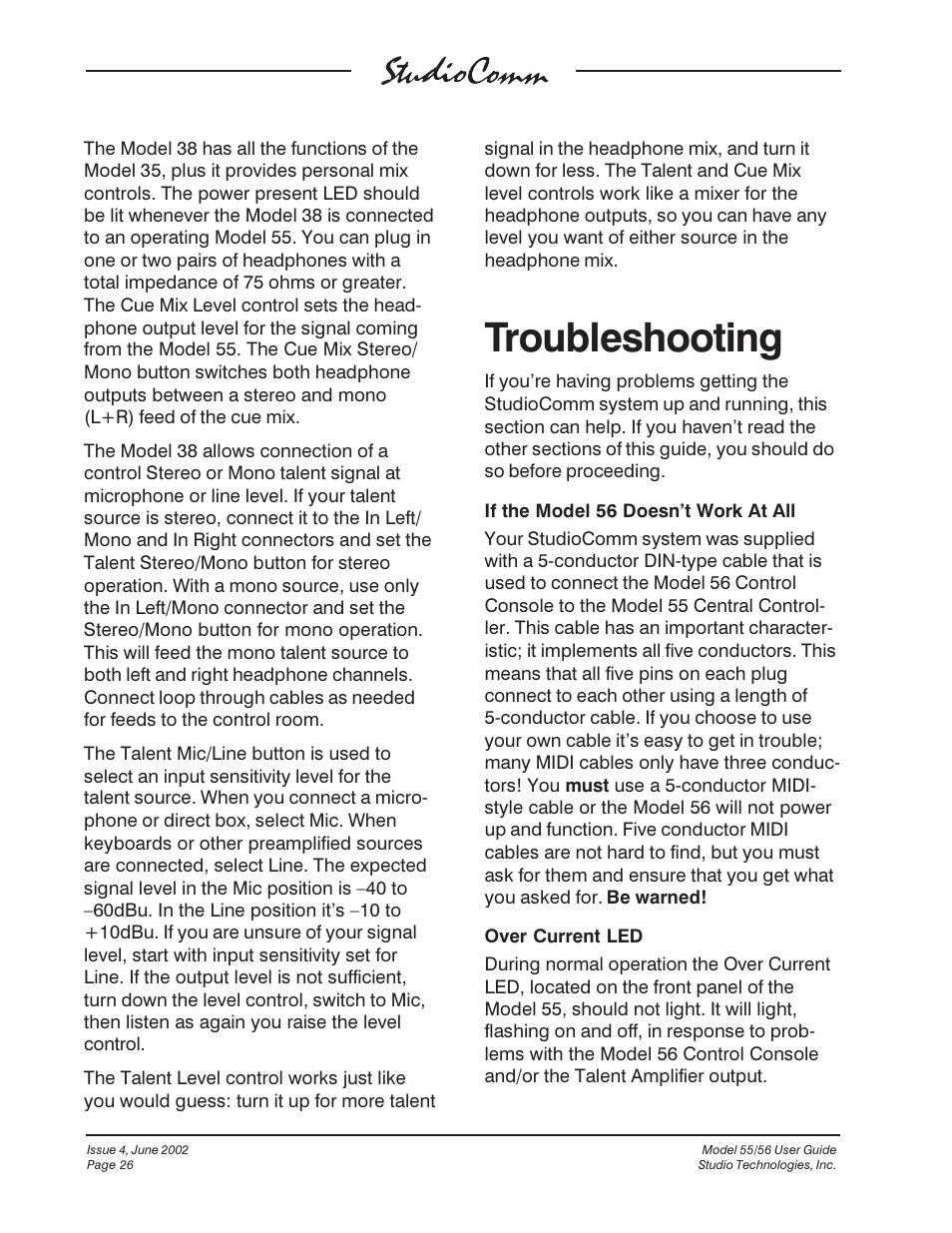 Troubleshooting | Studio Technologies 55 2002 User Manual | Page 26 / 45