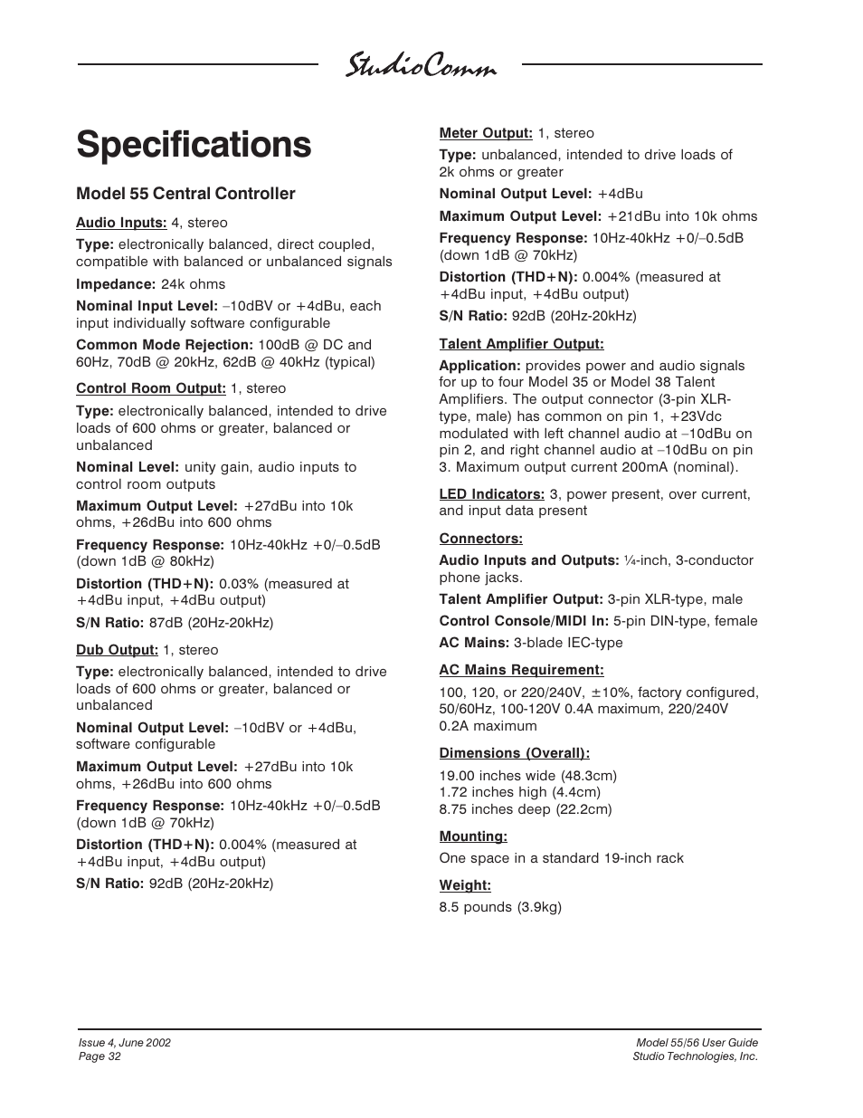 Specifications | Studio Technologies 55 2002 User Manual | Page 32 / 45