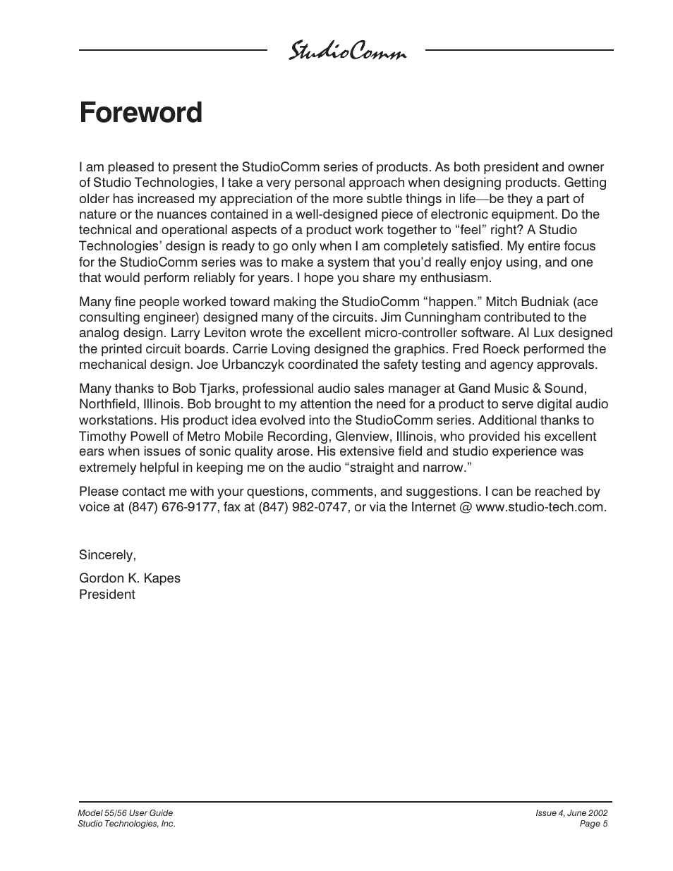 Foreword | Studio Technologies 55 2002 User Manual | Page 5 / 45