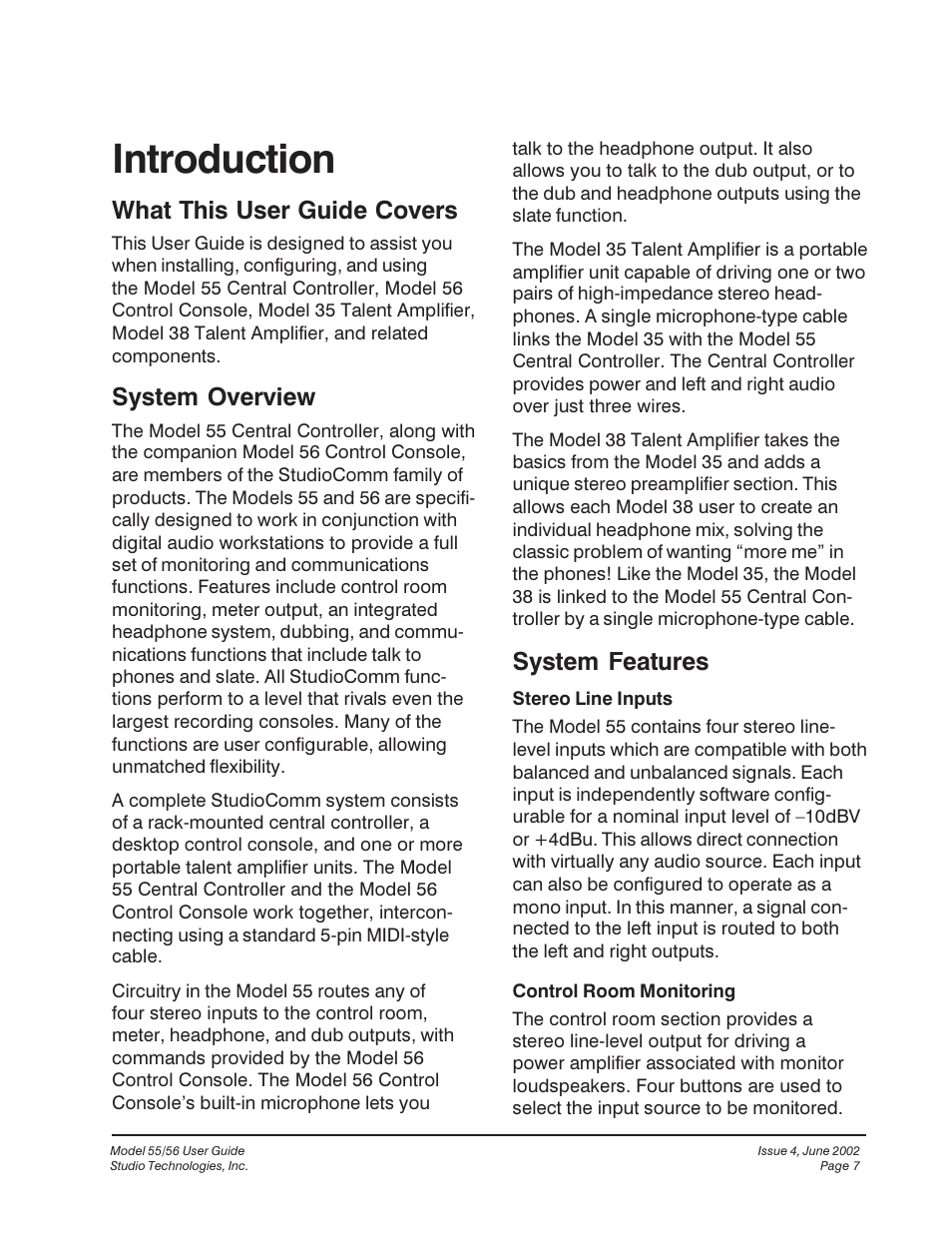 Introduction, What this user guide covers, System overview | System features | Studio Technologies 55 2002 User Manual | Page 7 / 45