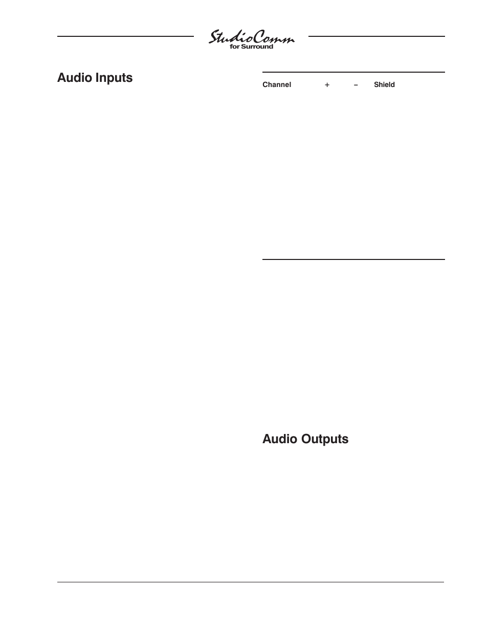 Audio inputs, Audio outputs | Studio Technologies 65 User Manual | Page 11 / 27