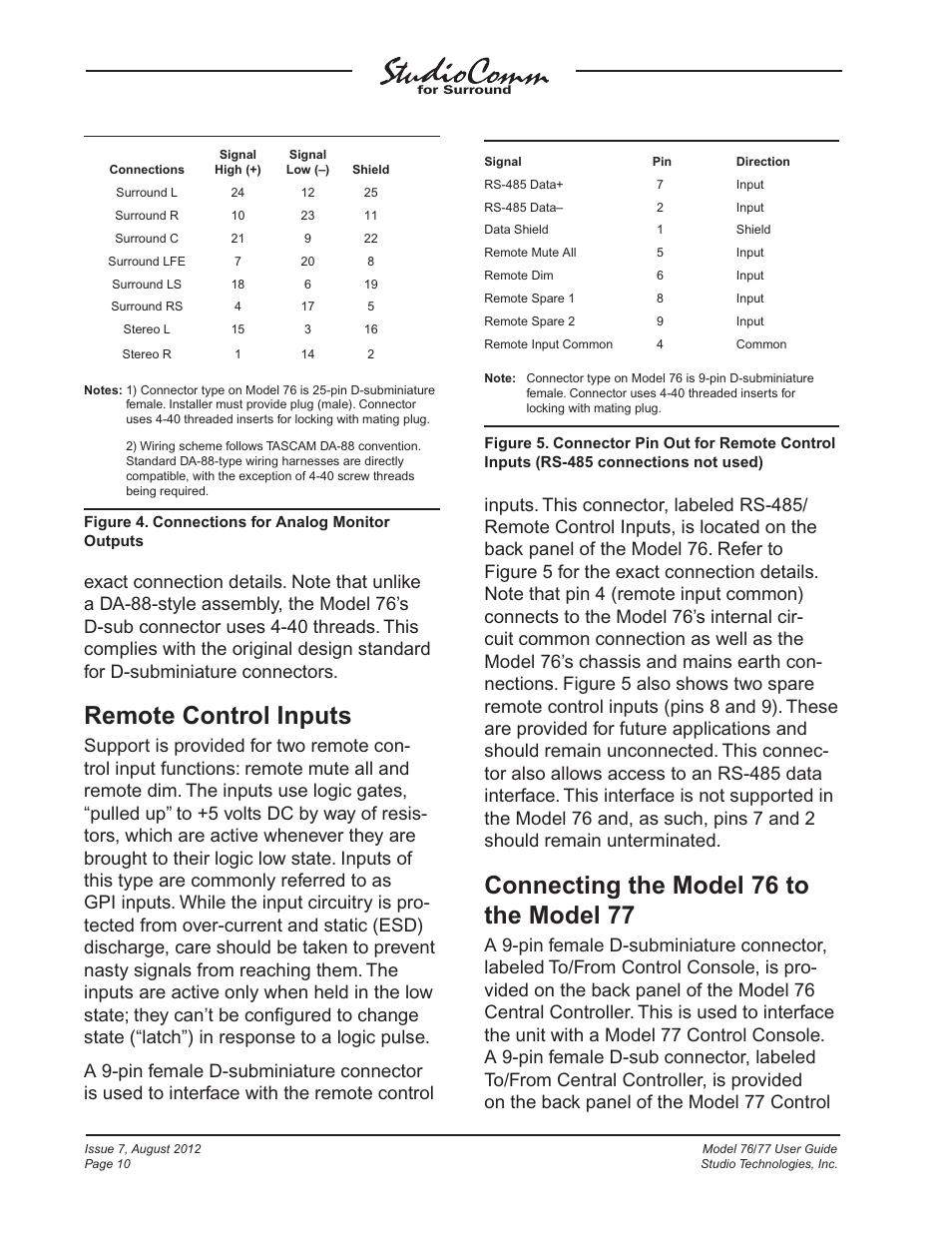 Remote control inputs, Connecting the model 76 to the model 77 | Studio Technologies 76 V.1.10 User Manual | Page 10 / 37