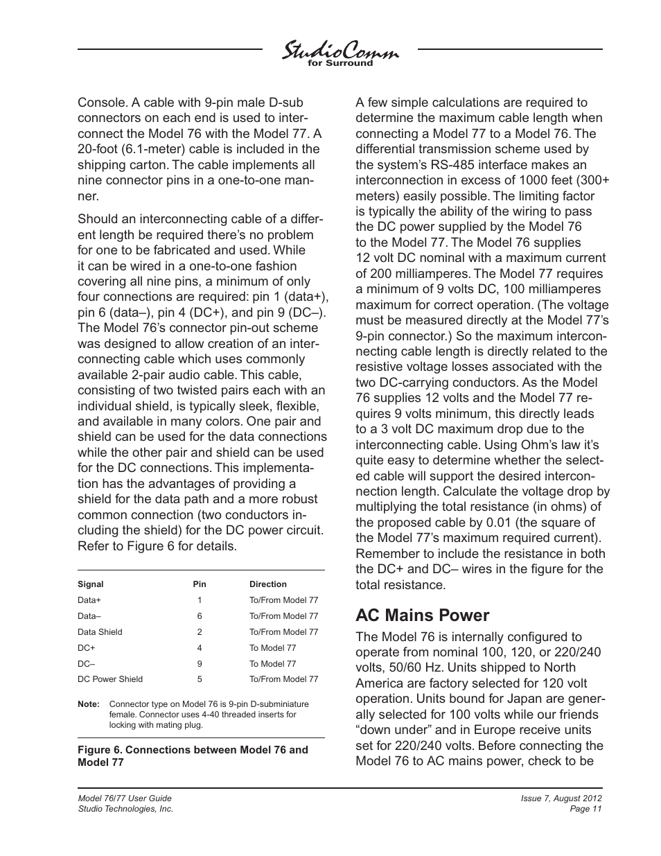 Ac mains power | Studio Technologies 76 V.1.10 User Manual | Page 11 / 37