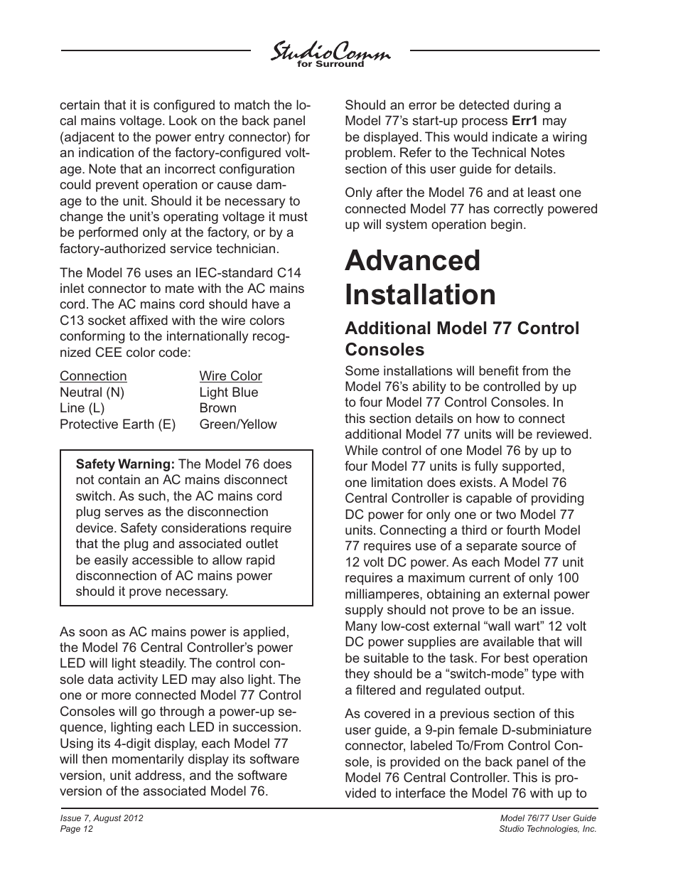 Advanced installation, Additional model 77 control consoles | Studio Technologies 76 V.1.10 User Manual | Page 12 / 37