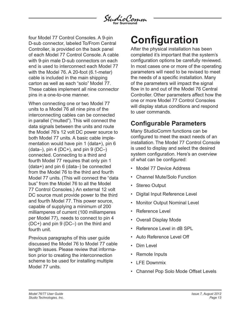 Configuration, Conﬁguration, Conﬁgurable parameters | Studio Technologies 76 V.1.10 User Manual | Page 13 / 37