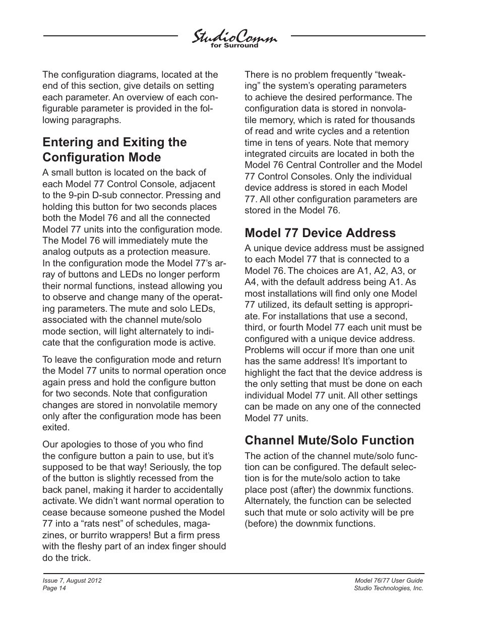 Entering and exiting the conﬁguration mode, Model 77 device address, Channel mute/solo function | Studio Technologies 76 V.1.10 User Manual | Page 14 / 37