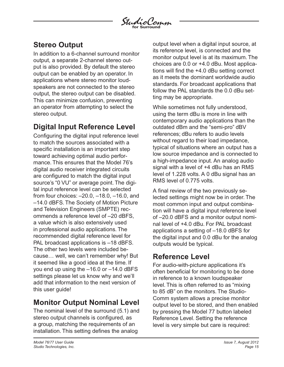 Stereo output, Digital input reference level, Monitor output nominal level | Reference level | Studio Technologies 76 V.1.10 User Manual | Page 15 / 37