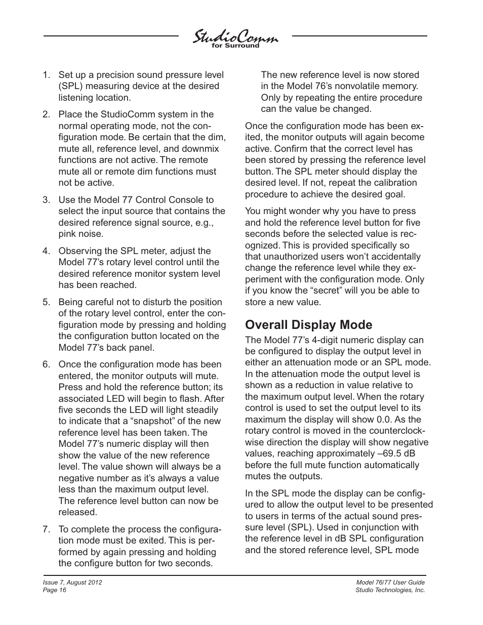 Overall display mode | Studio Technologies 76 V.1.10 User Manual | Page 16 / 37
